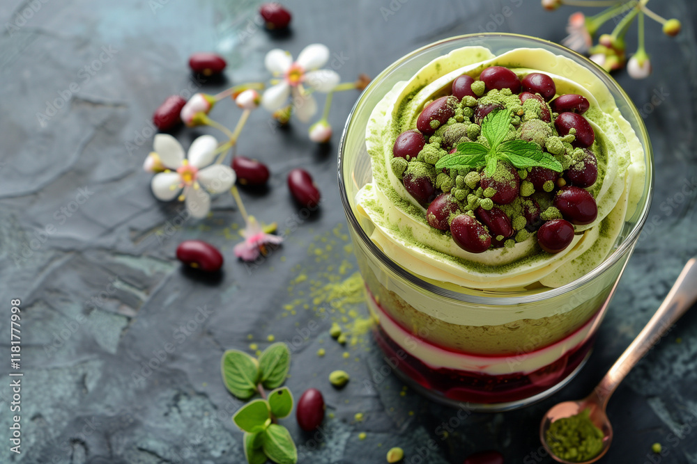 Matcha Parfait Delight: Top View of Japanese Layered Dessert with Green Tea, Red Bean, and Whipped Cream Elegance Matcha Parfait Delight: Top View of Japanese Layered Dessert with Green Tea, Red Bean, and Whipped Cream Elegance