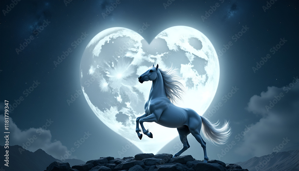 Fototapeta premium Majestic White Horse Heart Moon Night - Fantasy Art