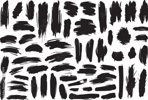 Variegated Grunge Brush Strokes Collection on White Background. An assorted assortment of black grunge brush strokes perfect for textured designs and artistic graphics, isolated on white. Vector brus