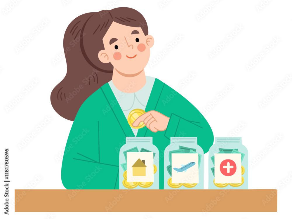illustration of woman saving money in jars illustration of woman saving money in jars
