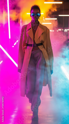 Model walking neon-lit runway in bold fashion statement