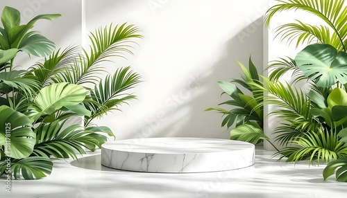 Elegant Marble Product Display with Lush Tropical Foliage and Sunlight Shadows