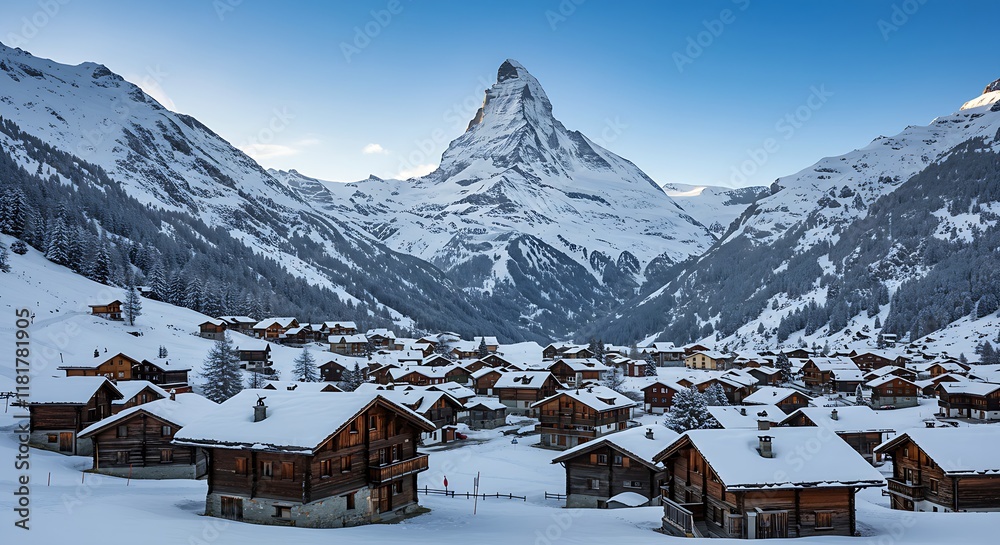 Fototapeta premium A snowy Swiss alpine village with wooden chalets and the Matterhorn towering in the background