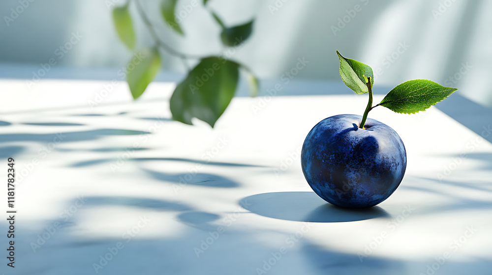 A single blue plum with a leaf on a table, surrounded by soft shadows. A single blue plum with a leaf on a table, surrounded by soft shadows.
