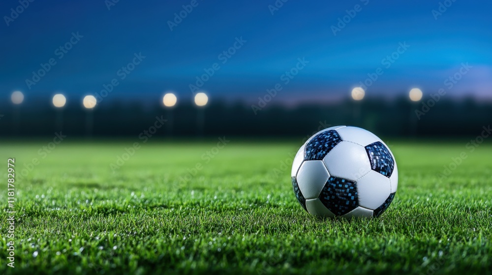Naklejka premium Close-Up View of Soccer Ball on Green Grass Field Under Evening Sky with Soft Background Lights