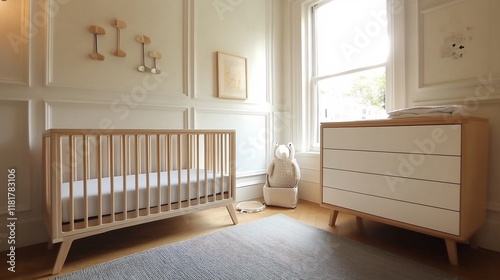 Modern Nursery Interior Design: Light Wood Crib and Dresser