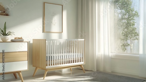 Serene Nursery: Modern Crib in Sunlit Room