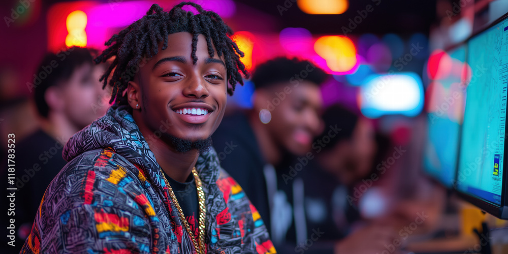 A young black cheerful guy sits in front of a monitor in a computer gaming room. A young black cheerful guy sits in front of a monitor in a computer gaming room.