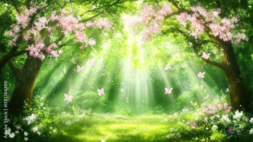 Enchanted Spring Forest with Butterflies and Blossoms Enchanted Spring Forest with Butterflies and Blossoms