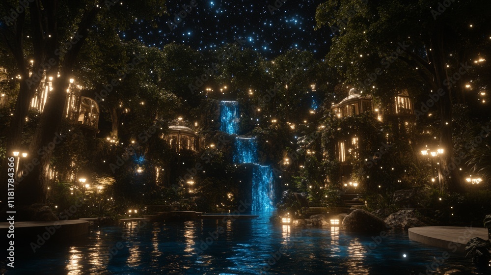 Fototapeta premium Enchanted Waterfall Oasis Nighttime Fantasy Landscape