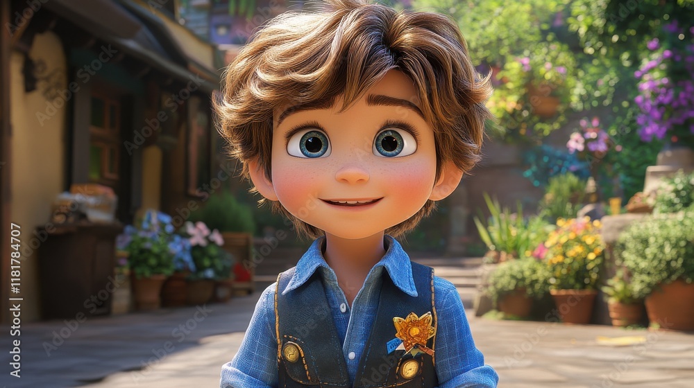 Joyful animated child with curly hair in a colorful garden setting Joyful animated child with curly hair in a colorful garden setting