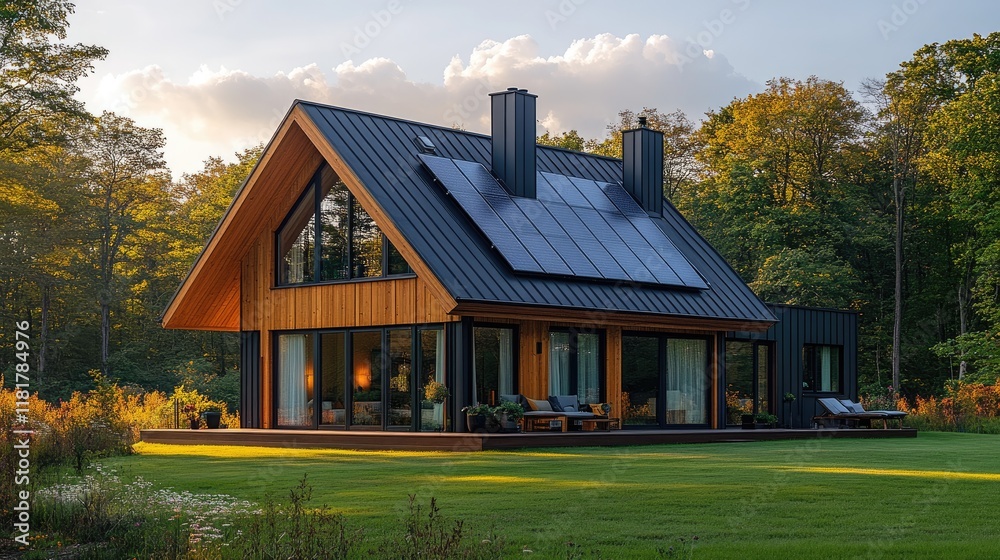 Sustainable Smart Home with Solar Panels Lit by Morning Sun Sustainable Smart Home with Solar Panels Lit by Morning Sun