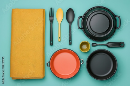 Outdoor adventures and camping promote sustainability. Colorful kitchen utensils and cookware on a teal background.