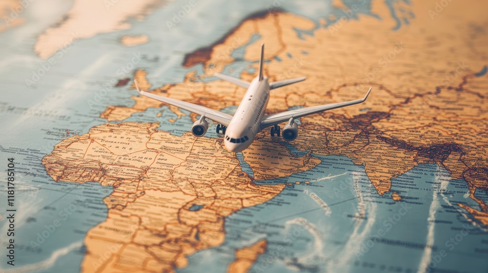 Naklejka premium Airplane traveling over map of travel illustration adventure concept aerial view global exploration