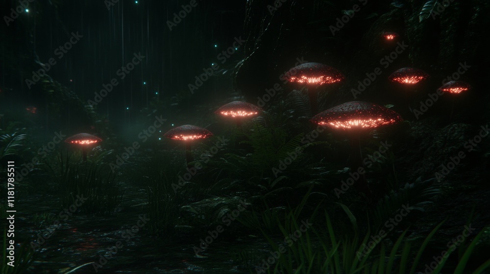 Fototapeta premium Enchanting Bioluminescent Fungi Forest Rain