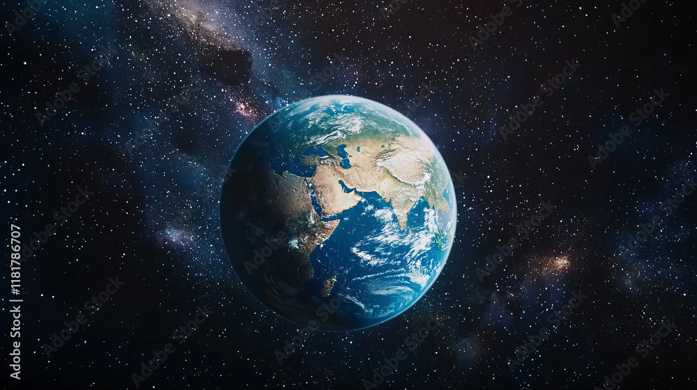 Fototapeta premium Earth in space surrounded by stars viewed from a distance