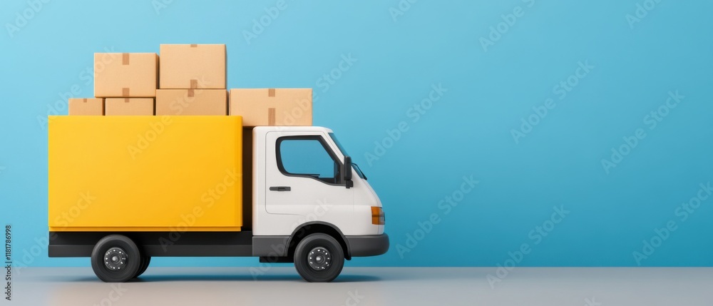 Delivery truck with colorful boxes on top against blue wall background in minimalistic studio setting