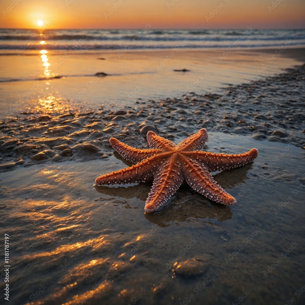 A starfish on the shore at low tide, with the sun setting in the distance, casting warm colors across the sky. A starfish on the shore at low tide, with the sun setting in the distance, casting warm colors across the sky.