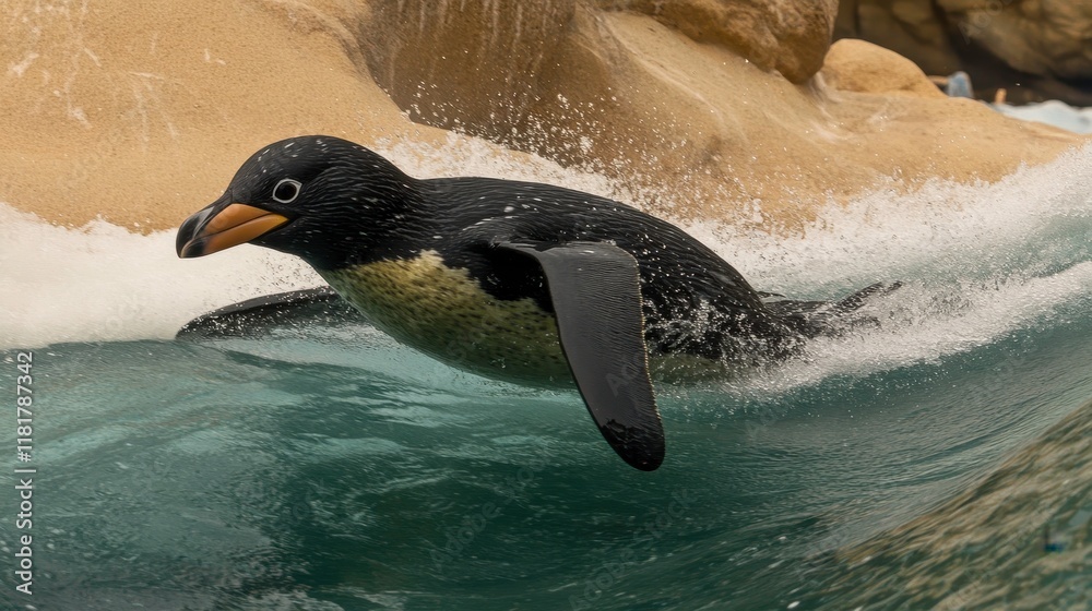 Obraz premium Penguin swimming action coastal habitat nature photography dynamic environment close-up view wildlife concept