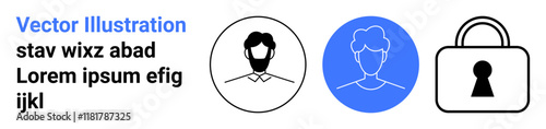 Profile icons of a bearded man and woman coupled with an illustration of a security lock. Ideal for online identity, privacy, user profiles, security, social networks, authentication, data