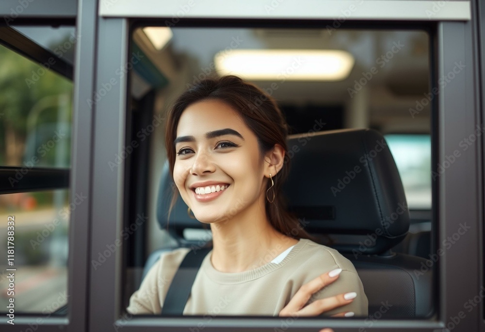 A smiling female on a bus with a sense of freedom and joy A smiling female on a bus with a sense of freedom and joy