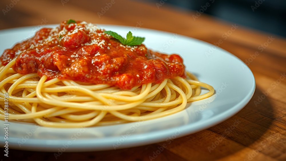 A close-up of spaghetti served with rich tomato sauce, garnished with fresh basil and Parmesan, presented on a white plate on a wooden table. AI-generated content. A close-up of spaghetti served with rich tomato sauce, garnished with fresh basil and Parmesan, presented on a white plate on a wooden table. AI-generated content.