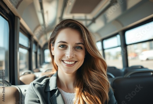 Female passenger on a bus with a warm and inviting atmosphere photo