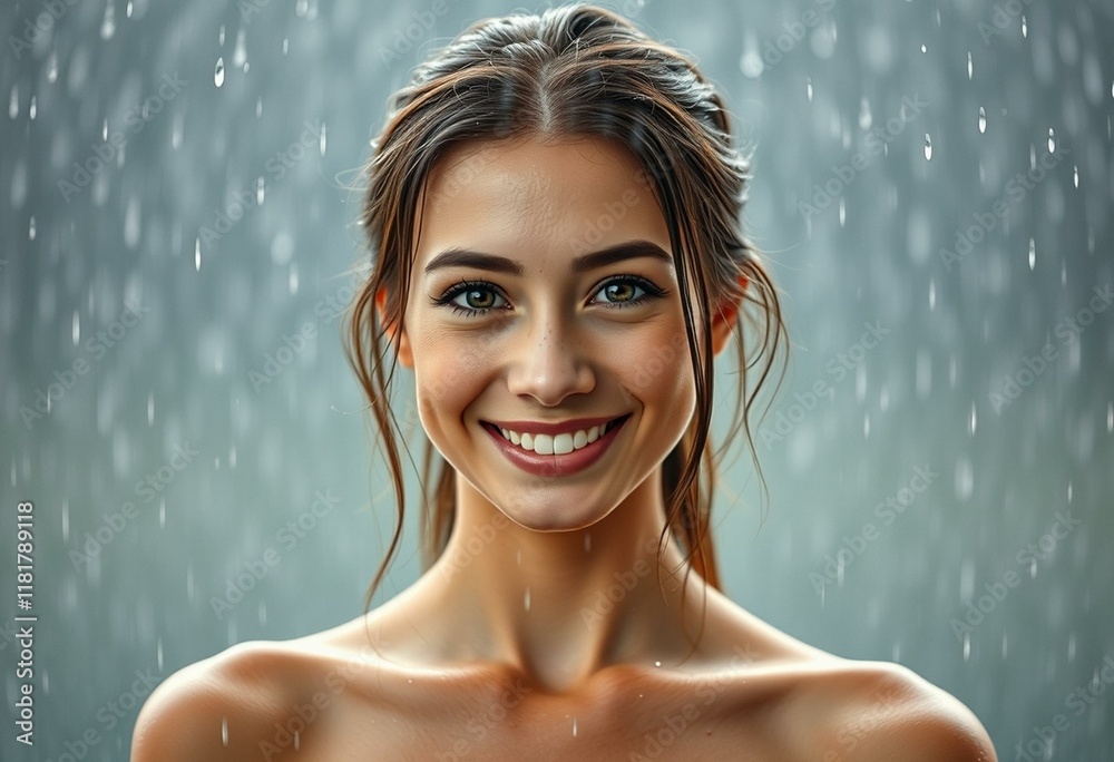 Obraz premium Portrait of a smiling, wet young woman under gentle rain