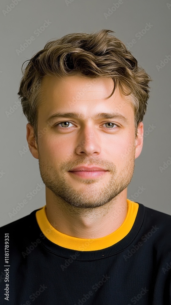Fototapeta premium Young man with stylish curly hair and friendly smile, wearing black and yellow shirt, sitting against neutral background for portrait photography or professional use