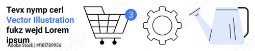 Shopping cart with notification, gear icon, and watering can. Ideal for e-commerce, gardening, notifications, app UI, settings, tools, and automation themes. Landing page