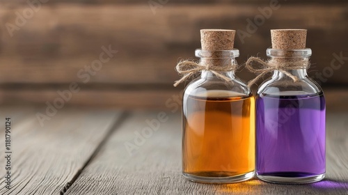 two bottles of essential oils on a wooden table photo