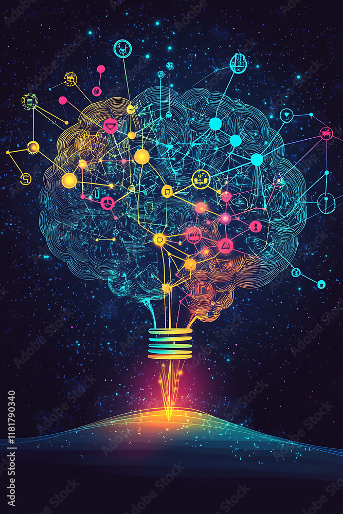 A stylized brain with colorful connections symbolizing creativity and knowledge. A stylized brain with colorful connections symbolizing creativity and knowledge.
