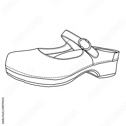 Women's Mules Slip-On  Memory Foam and Arch Support shoes line art, Technical sketch hand drawing outline vector doodle side isometric 3D view isolated on white background for coloring page