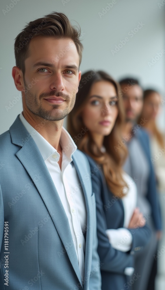 A group of four stylish professionals stands in a line, exuding confidence and poise. The focus is on a handsome man in a light blue suit, with three colleagues behind him, showcasing a blend of A group of four stylish professionals stands in a line, exuding confidence and poise. The focus is on a handsome man in a light blue suit, with three colleagues behind him, showcasing a blend of