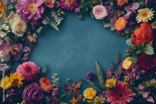 A frame of vibrant flowers on a color background with ample space for a greeting card