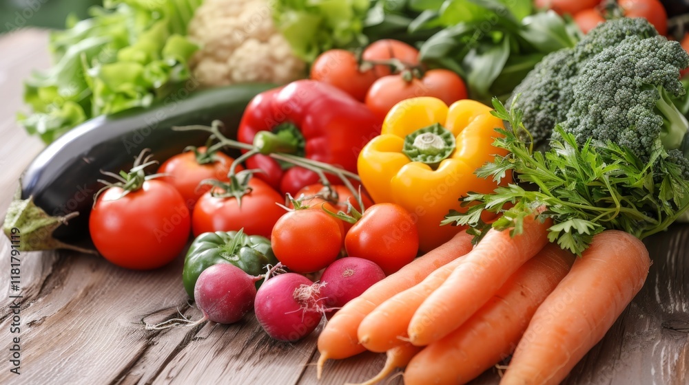 Φωτογραφία A colorful assortment of fresh vegetables including tomatoes, peppers, carrots, and broccoli laid out on a rustic wooden table