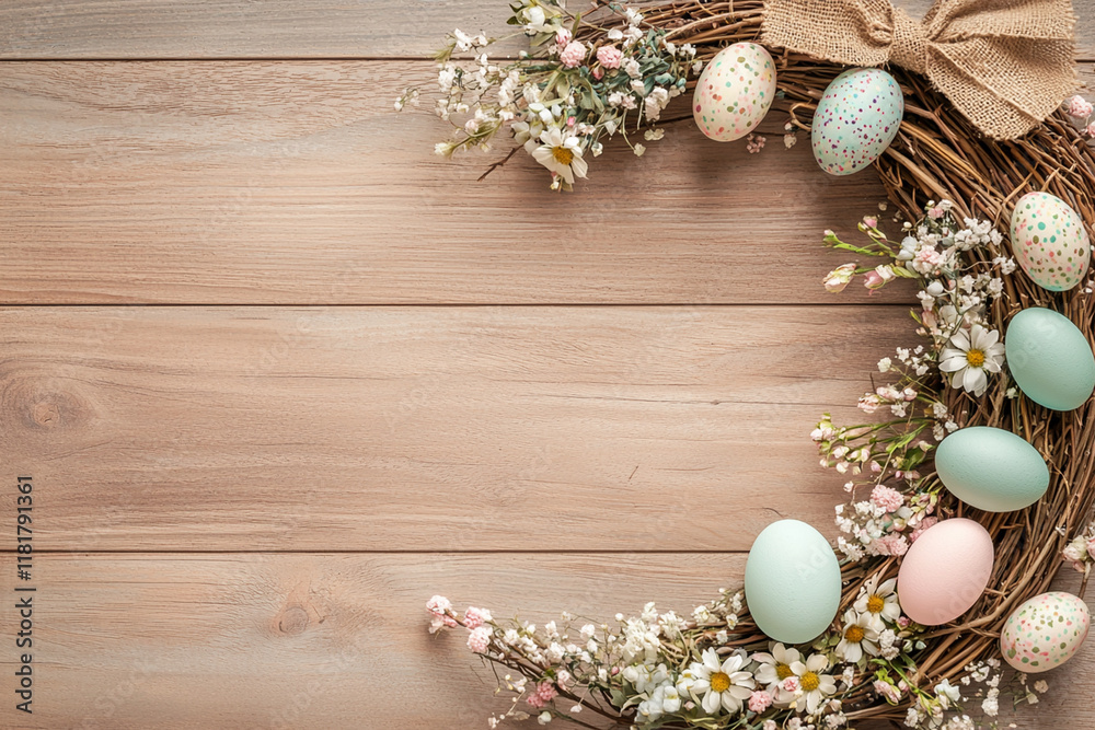 Easter wreath with pastel eggs and flowers on rustic wooden background Easter wreath with pastel eggs and flowers on rustic wooden background