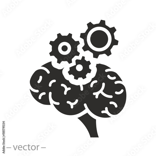 creative think, brain with gear icon, concept correct brain function, mind health, flat vector illustration