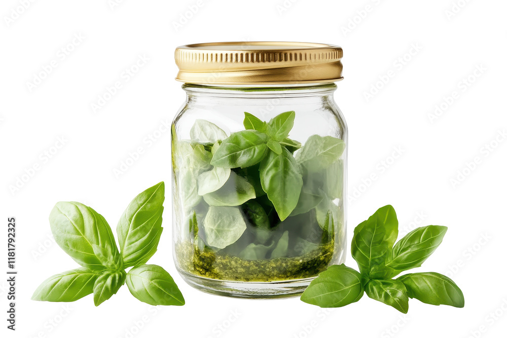 Isolated Jar with Pesto and Basil Isolated Jar with Pesto and Basil