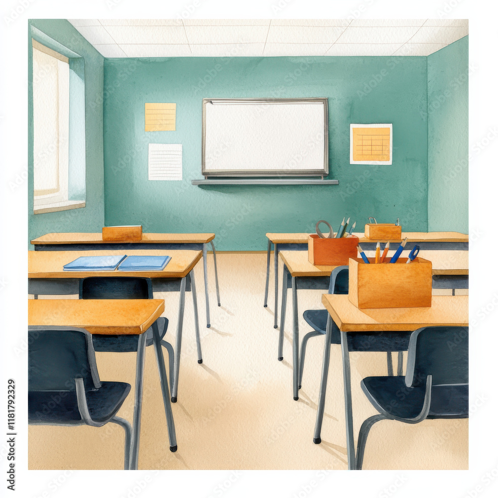 Classroom with desks, chairs, and supplies in bright setting Classroom with desks, chairs, and supplies in bright setting