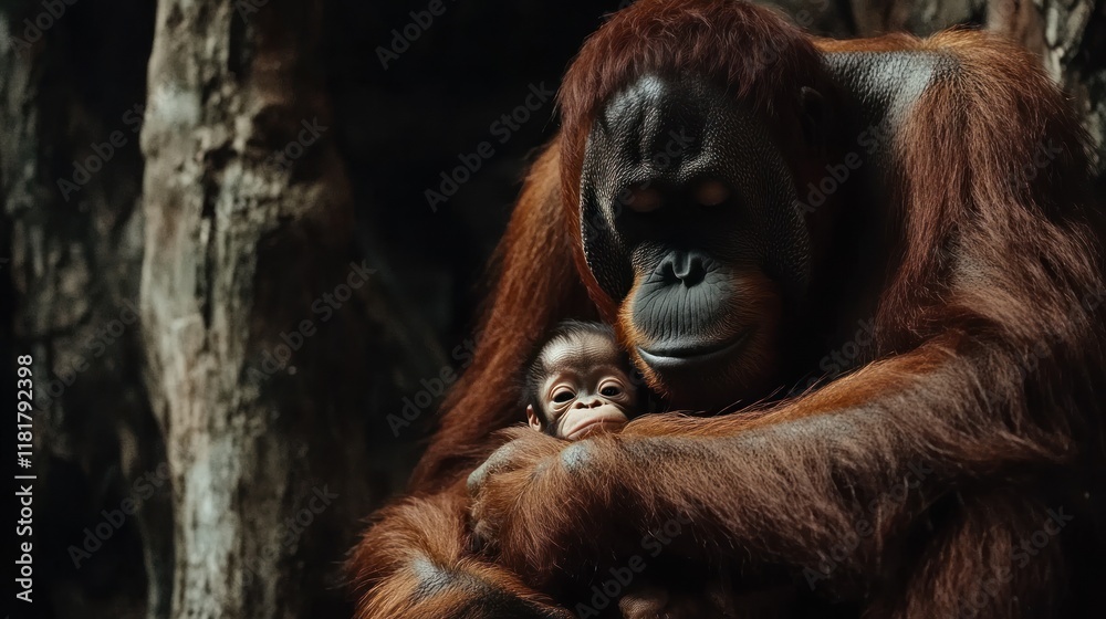 A Mother Orangutan's Tender Embrace: A heartwarming moment captured in the depths of the rainforest, showcasing the profound bond between a mother and her infant. A Mother Orangutan's Tender Embrace: A heartwarming moment captured in the depths of the rainforest, showcasing the profound bond between a mother and her infant.