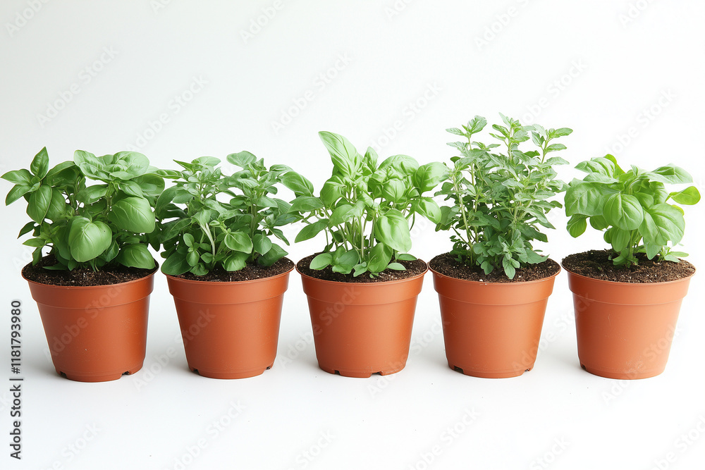 Potted basil and herb plants in terracotta pots on white background. Potted basil and herb plants in terracotta pots on white background.