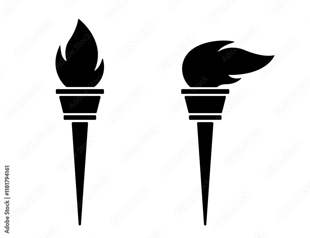 Lighted torch icon, black silhouette isolated on white. A burning torch with flames fluttering in the wind, minimalist stencil shape. Vector clipart sign or logo, symbol of world sport games.