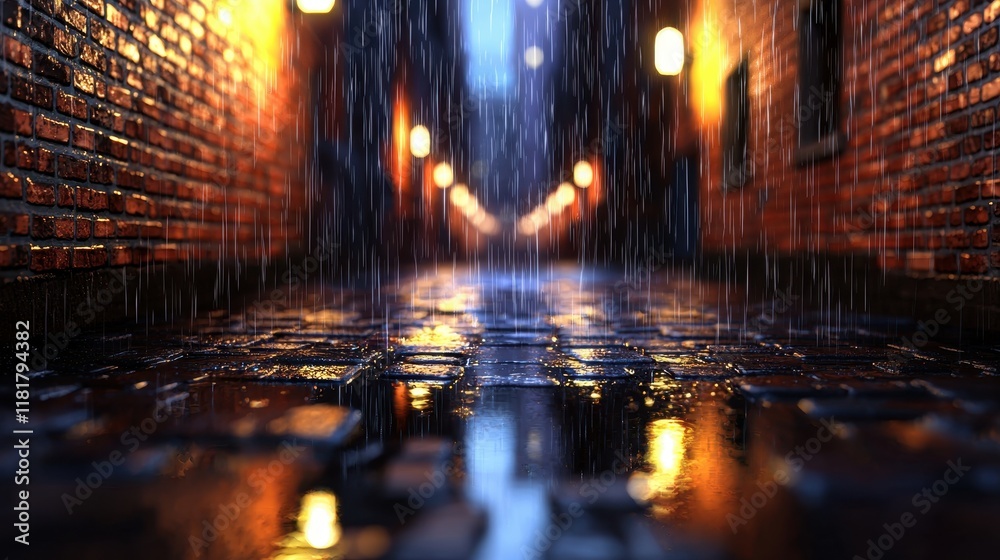 Obraz premium Rainy Night in Cobblestone Alley with Warm Street Lights Reflections on Wet Surface