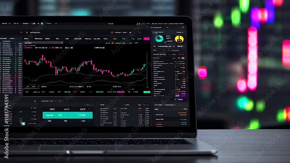 A high-tech trading dashboard displayed on a laptop screen, featuring detailed financial charts, real-time stock data, and analytical tools in a dimly lit modern environment. A high-tech trading dashboard displayed on a laptop screen, featuring detailed financial charts, real-time stock data, and analytical tools in a dimly lit modern environment.