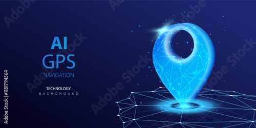 Pin 3d icon on the wireframe map isometric background. Ai GPS navigation symbol in technology design. Geo point location, navigator travel way and transport logistics delivery concept. Blue vector.