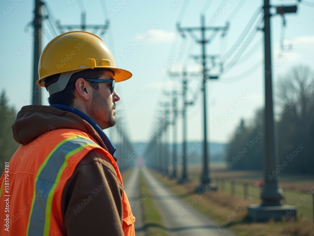 Worker in safety gear overseeing power lines at a rural location during daylight hours Worker in safety gear overseeing power lines at a rural location during daylight hours