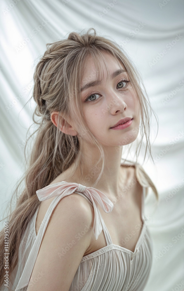 A young woman wearing a light, sleeveless top against a soft, diffused white background