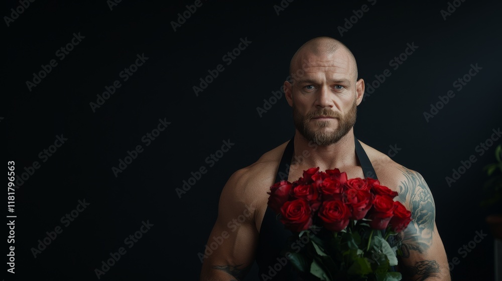 A muscular charismatic brutal tattoed man in a florist apron holds a bouquet of red roses, dark textured background A muscular charismatic brutal tattoed man in a florist apron holds a bouquet of red roses, dark textured background