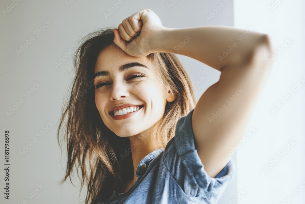Fototapeta premium Smiling woman posing in soft morning light with casual attire